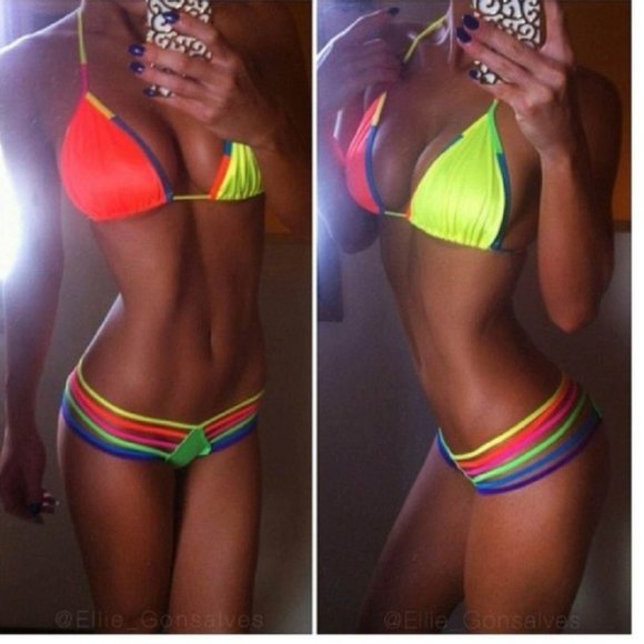 LAST ONE Neon Rainbow Strappy Halter String Bikini - Picture 7 of 8